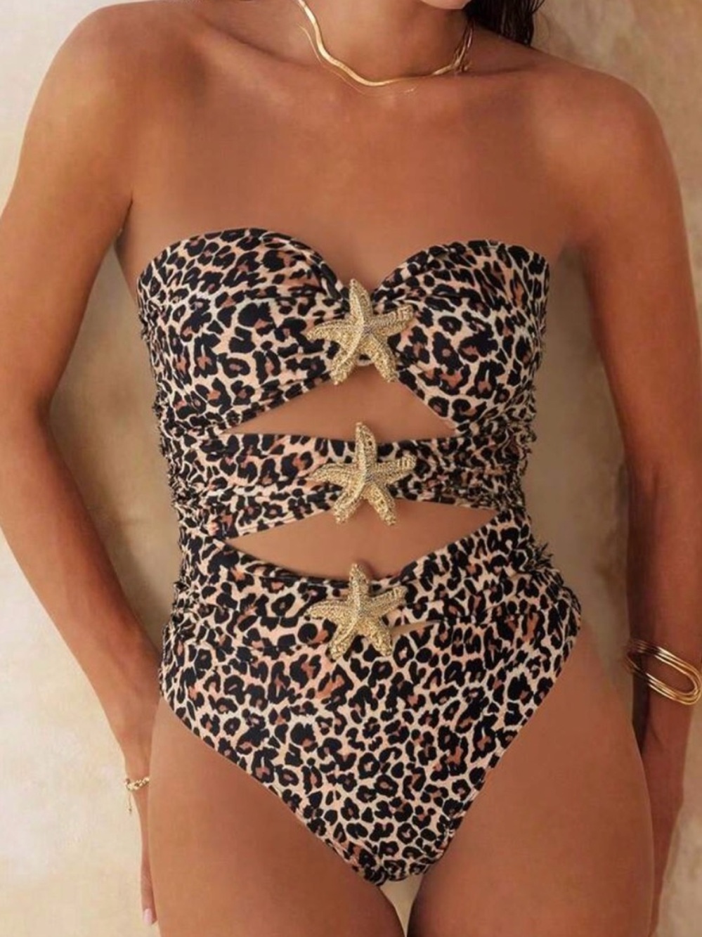 SHEIN Leopard Print Cutout One-Piece Swimsuit with Starfish Accents - Brown - Picture 3 of 13